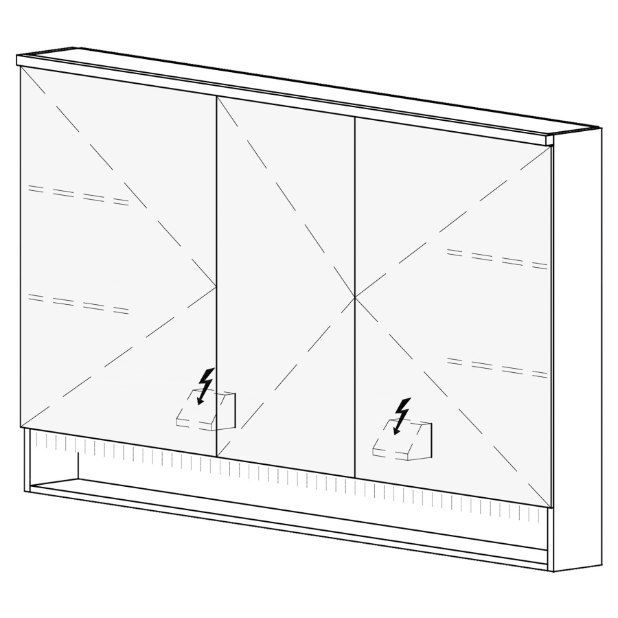Armoire de toilette SCANA UP
130,4 x 85 x 14,8 cm
3 portes à double miroir
(50/30/50), 1 prise double
à gauche et à droite en bas
opposé des charnières
éclairage LED, 4000 K
unité de contrôle DALI
gradable via l'installation
domestique, IP24