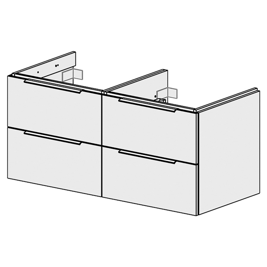 Élément inférieur  Glano Up
119.6 x 55 x 53.7 cm
pour 1 lavabo à encastrer à gauche
2&nbsp;éléments de tiroir 2&nbsp;tiroirs chacune
tiroirs avec Blumotion
pour siphon à encombrement réduit 
et manchon à emboîter 32 mm