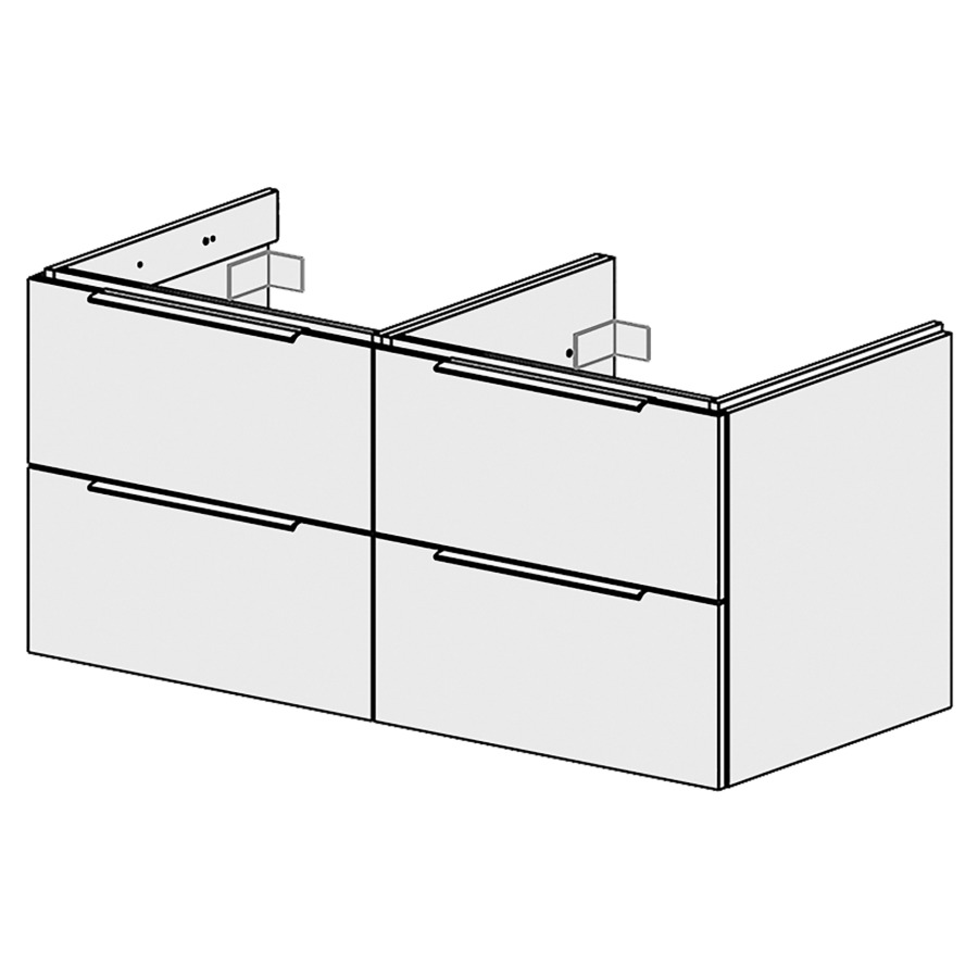 Élément inférieur  Glano Up
119.6 x 55 x 53.7 cm
pour 2 lavabos à encastrer
2&nbsp;éléments de tiroir 2&nbsp;tiroirs chacune
tiroirs avec Blumotion
pour siphon à encombrement réduit 
et manchon à emboîter 32 mm