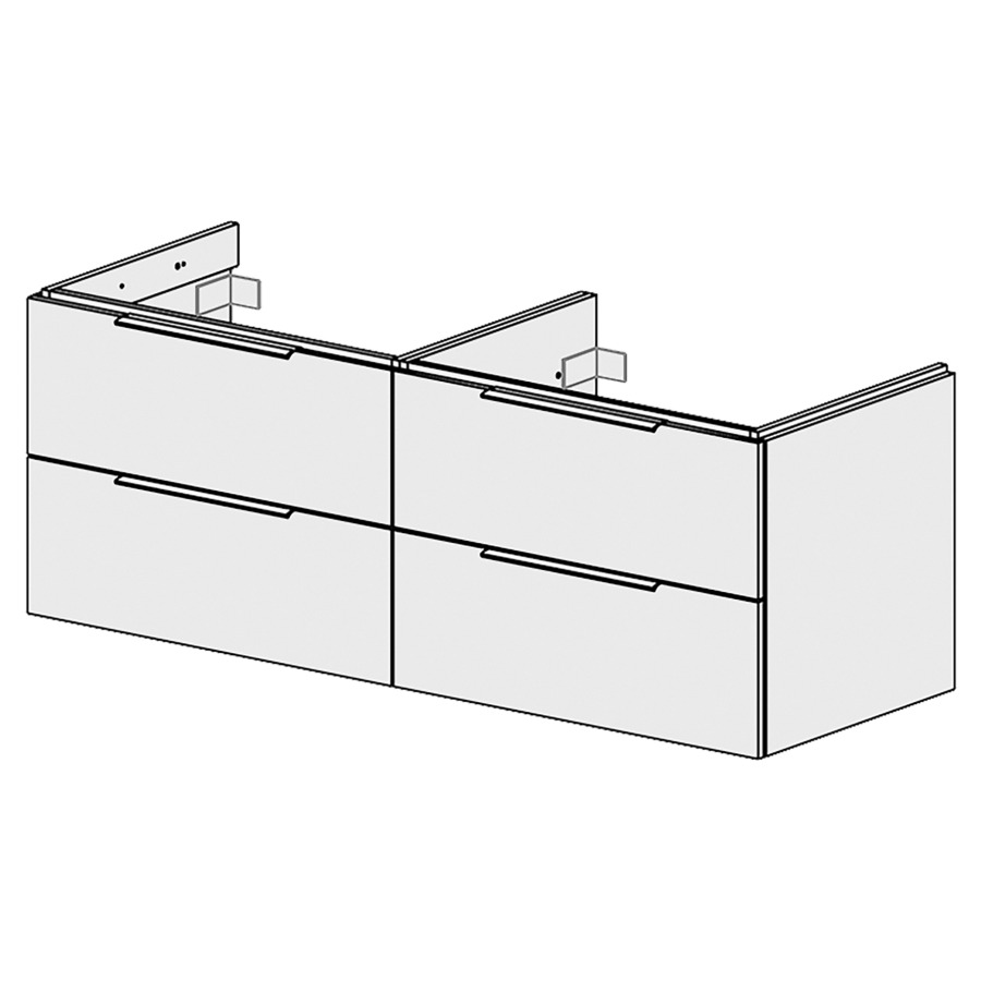 Élément inférieur  Glano Up
149.6 x 55 x 53.7 cm
pour 2 lavabos à encastrer
2&nbsp;éléments de tiroir 2&nbsp;tiroirs chacune
tiroirs avec Blumotion
pour siphon à encombrement réduit 
et manchon à emboîter 32 mm
