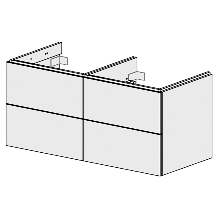Élément inférieur  Glano Up
119.6 x 55 x 53.7 cm
pour 1 lavabo à encastrer à gauche
2&nbsp;éléments de tiroir 2&nbsp;tiroirs chacune
tiroirs avec Blumotion
pour siphon à encombrement réduit 
et manchon à emboîter 32 mm
