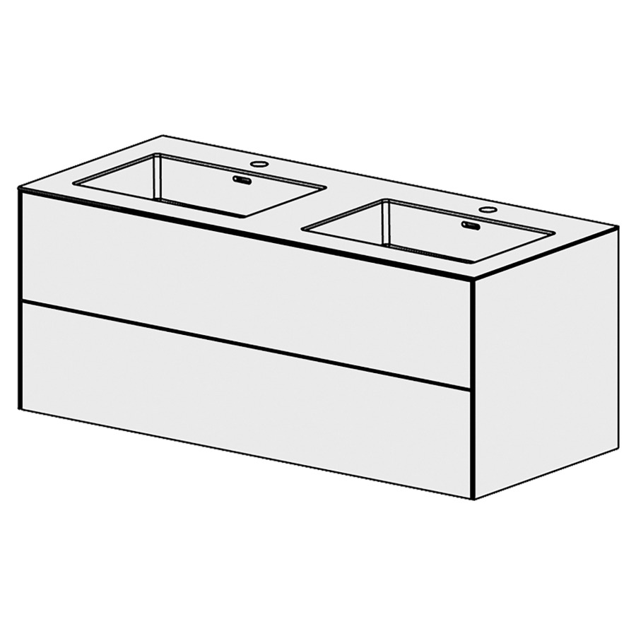 Combinaison de meuble Evolution 
119.6 x 49.2 x 51.5 cm
avec lavabo Matière minérale
2 lave-mains avec trop-plein
élément de tiroir 2&nbsp;tiroirs
tiroirs avec Blumotion
pour siphon à encombrement réduit 
et manchon à emboîter 32 mm