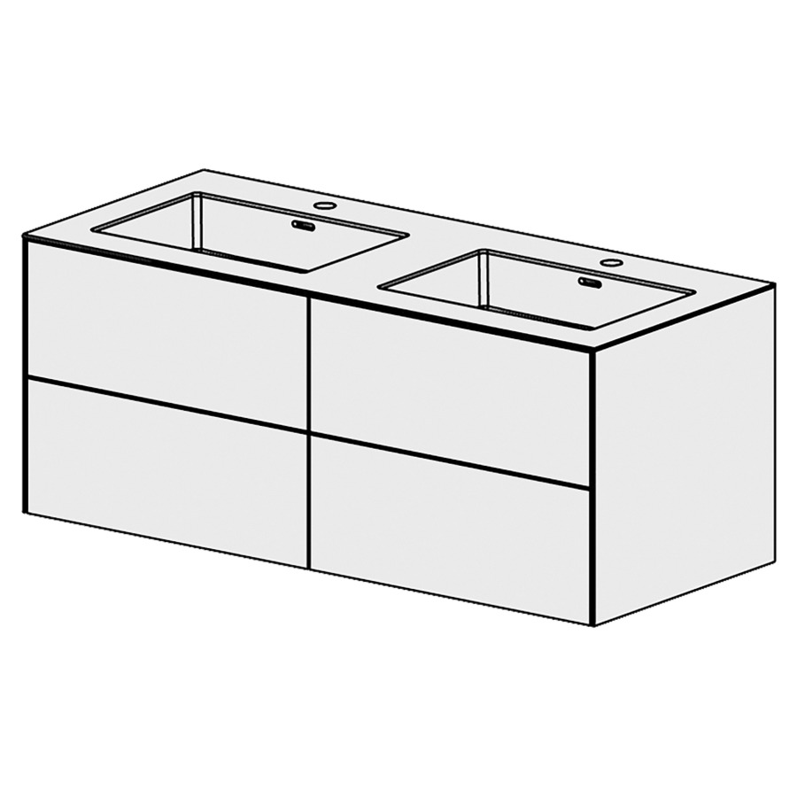 Combinaison de meuble Evolution 
119.6 x 49.2 x 51.5 cm
avec lavabo Matière minérale
2 lave-mains avec trop-plein
2&nbsp;éléments de tiroir 2&nbsp;tiroirs chacune
tiroirs avec Blumotion
pour siphon à encombrement réduit 
et manchon à emboîter 32 mm