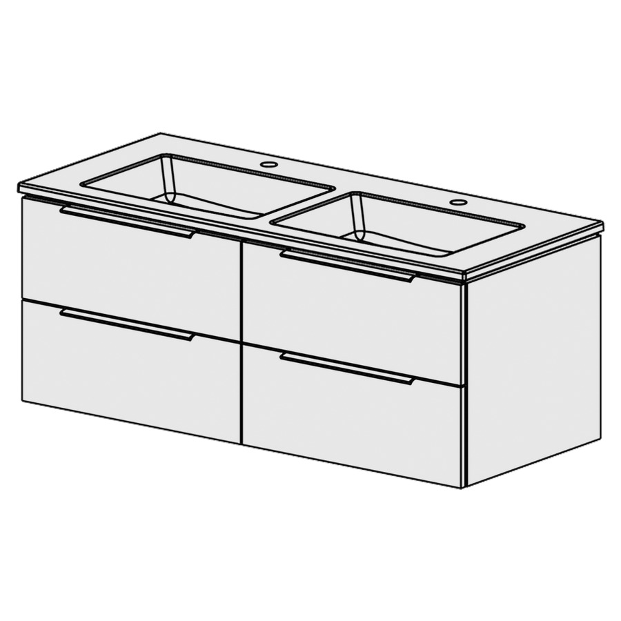 Combinaison de meuble Glano Ceram Cube
121 x 49.2 x 51.5 cm
avec lavabo en céramique
2 lave-mains avec trop-plein
2&nbsp;éléments de tiroir 2&nbsp;tiroirs chacune
tiroirs avec Blumotion