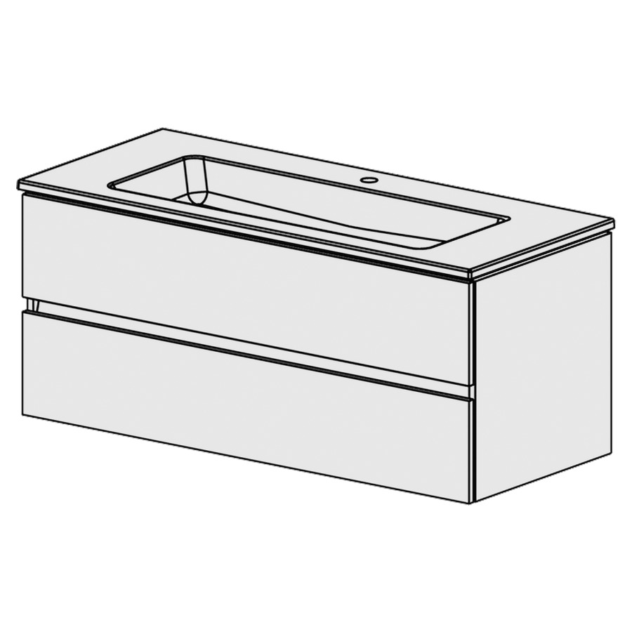 Élément inférieur  Glano Ceram Cube
121 x 52.2 x 51.5 cm
élément de tiroir 2&nbsp;tiroirs
tiroirs avec Blumotion
avec recouvrement Céramique blanc
lavabo au milieu avec trop-plein