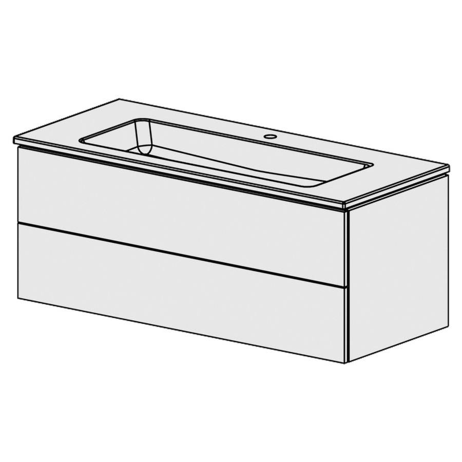 Élément inférieur  Glano Ceram Cube
121 x 49.2 x 51.5 cm
élément de tiroir 2&nbsp;tiroirs
tiroirs avec Blumotion
avec recouvrement Céramique blanc
lavabo au milieu avec trop-plein