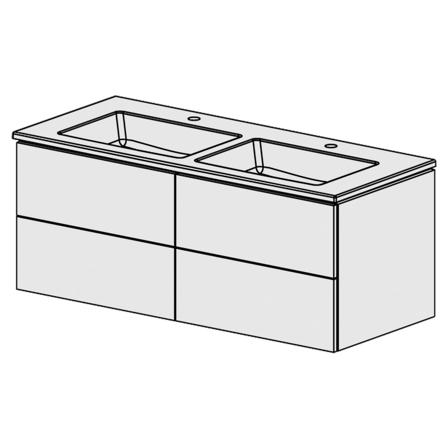 Élément inférieur  Glano Ceram Cube
121 x 49.2 x 51.5 cm
2&nbsp;éléments de tiroir 2&nbsp;tiroirs chacune
tiroirs avec Blumotion
avec recouvrement Céramique blanc
2 lavabos avec trop-plein