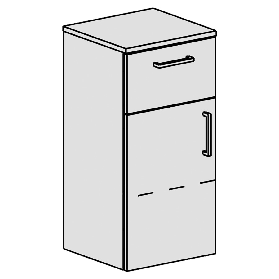 Armoire mi-haute Spacio 
36 x 73.1 x 34 cm
élément de tiroir et armoire de tablette
Plaque de recouvrement comme les fronts
1&nbsp;tiroir en haut
1&nbsp;porte charnière à gauche
1&nbsp;tablette réglable
porte et tiroir avec Blumotion