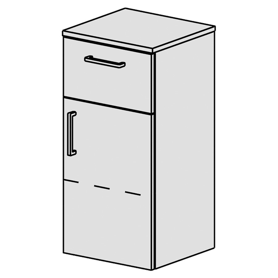 Armoire mi-haute Spacio 
36 x 73.1 x 34 cm
élément de tiroir et armoire de tablette
Plaque de recouvrement comme les fronts
1&nbsp;tiroir en haut
1&nbsp;porte charnière à droite
1&nbsp;tablette réglable
porte et tiroir avec Blumotion