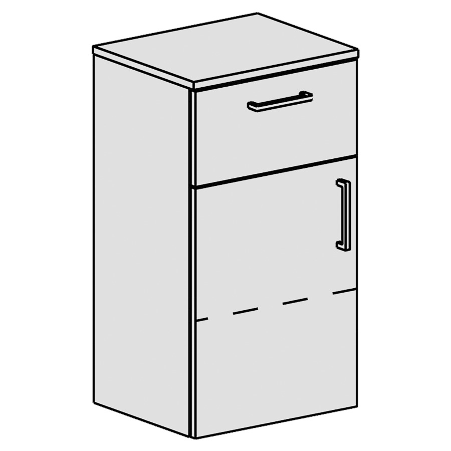 Armoire mi-haute Spacio 
41 x 73.1 x 34 cm
élément de tiroir et armoire de tablette
Plaque de recouvrement comme les fronts
1&nbsp;tiroir en haut
1&nbsp;porte charnière à gauche
1&nbsp;tablette réglable
porte et tiroir avec Blumotion