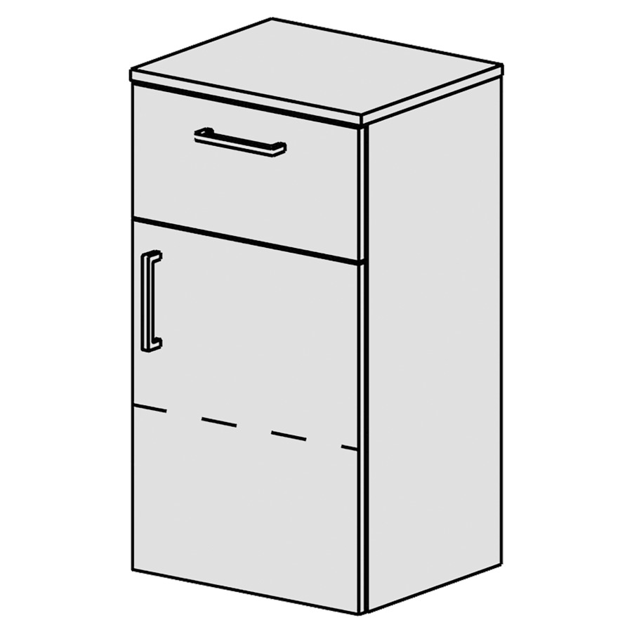 Armoire mi-haute Spacio 
41 x 73.1 x 34 cm
élément de tiroir et armoire de tablette
Plaque de recouvrement comme les fronts
1&nbsp;tiroir en haut
1&nbsp;porte charnière à droite
1&nbsp;tablette réglable
porte et tiroir avec Blumotion
