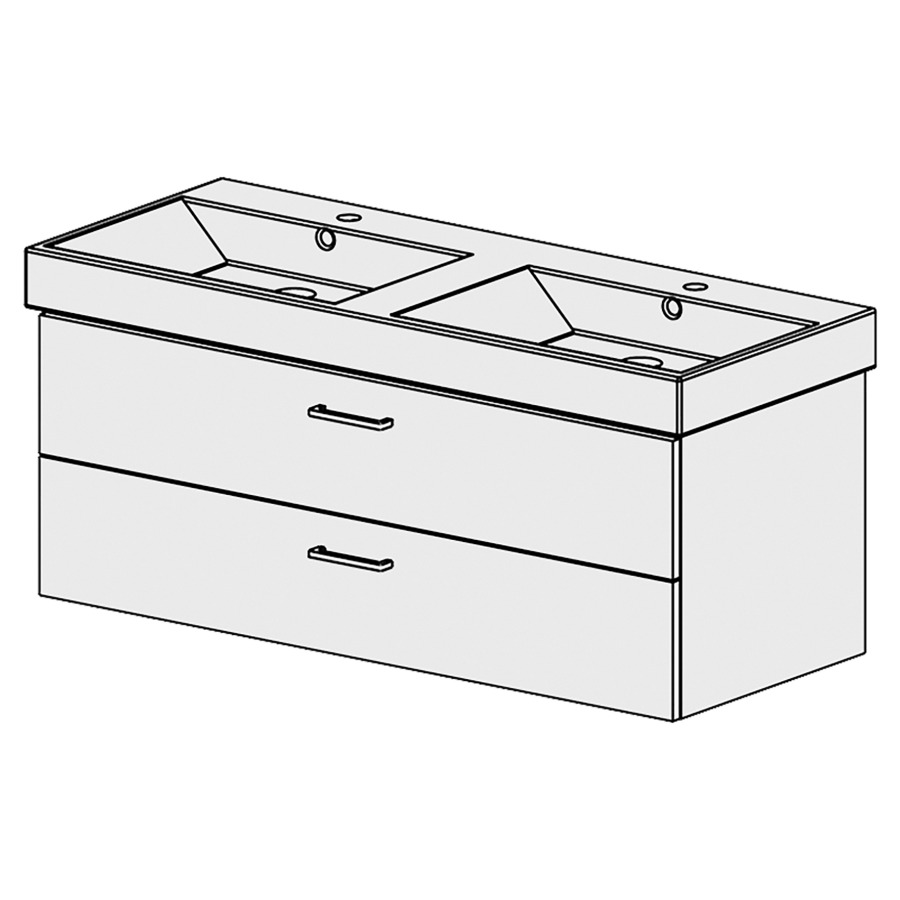 Élément inférieur  Zero Comfort
121 x 46 x 48.8 cm
élément de tiroir 2&nbsp;tiroirs
tiroirs avec Blumotion
pour 2&nbsp;lavabos
pour siphon à encombrement réduit 
et manchon à emboîter 32 mm