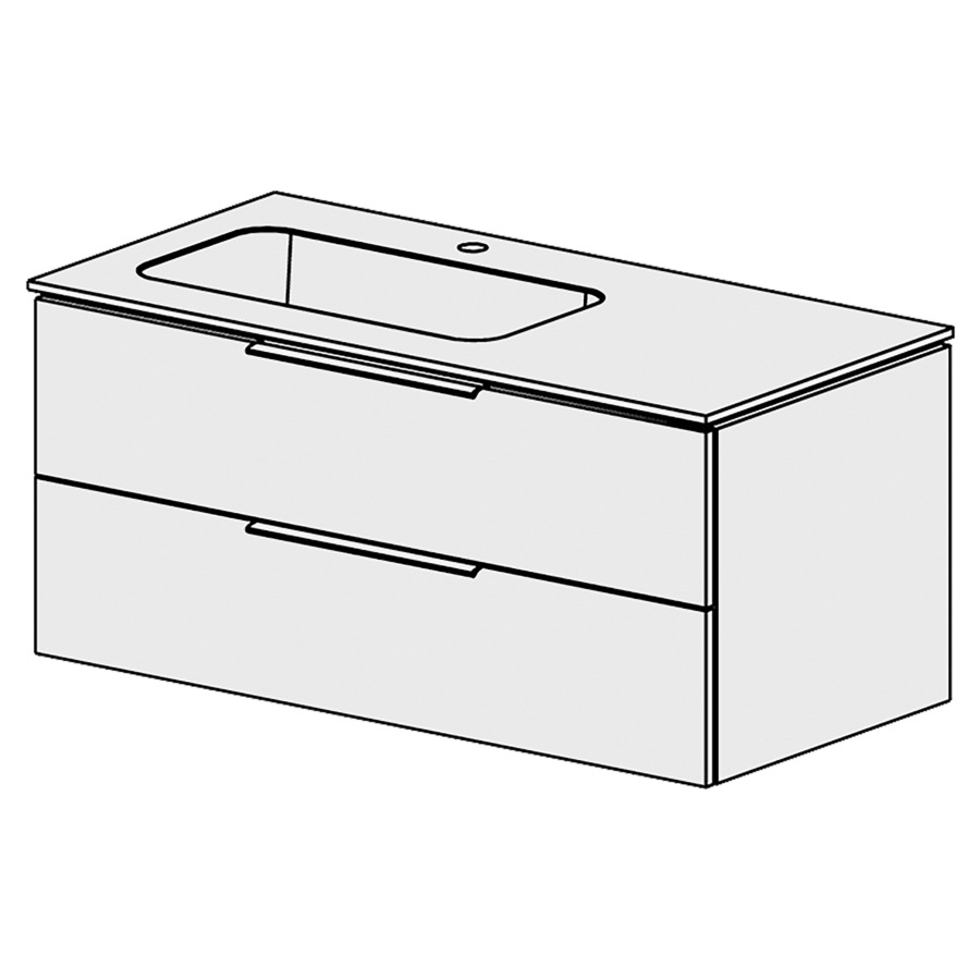 Élément inférieur  Glano Mineral
106 x 47.5 x 51.5 cm
recouvrement Fonte minérale blanc mat
avec lavabo à gauche
élément de tiroir 2&nbsp;tiroirs
tiroirs avec Blumotion
pour siphon à encombrement réduit 
et manchon à emboîter 32 mm