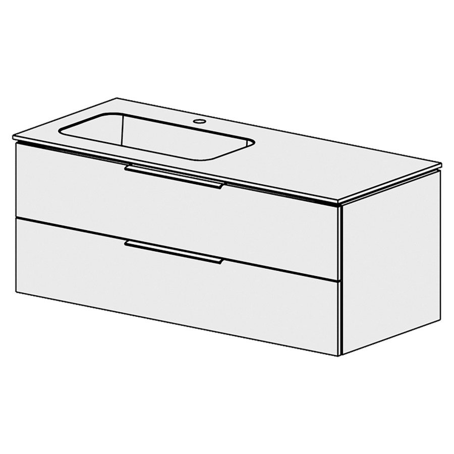 Élément inférieur  Glano Mineral
121 x 47.5 x 51.5 cm
recouvrement Fonte minérale blanc mat
avec lavabo à gauche
élément de tiroir 2&nbsp;tiroirs
tiroirs avec Blumotion
pour siphon à encombrement réduit 
et manchon à emboîter 32 mm