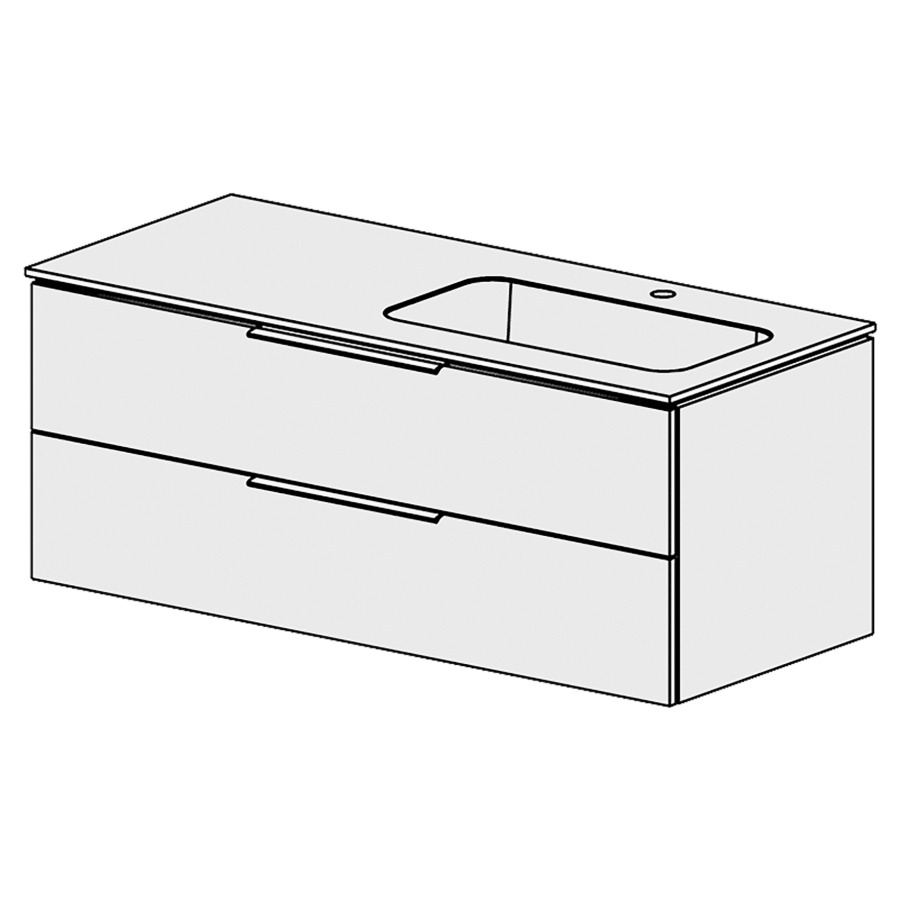 Élément inférieur  Glano Mineral
121 x 47.5 x 51.5 cm
recouvrement Fonte minérale blanc mat
avec lavabo à droite
élément de tiroir 2&nbsp;tiroirs
tiroirs avec Blumotion
pour siphon à encombrement réduit 
et manchon à emboîter 32 mm