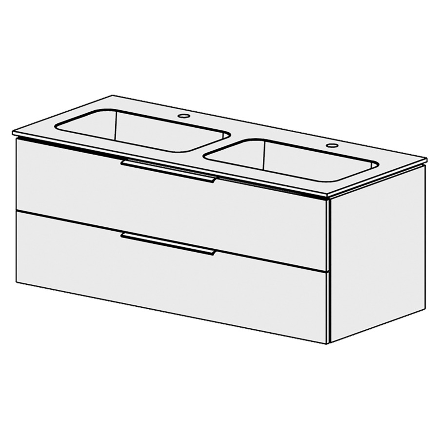 Élément inférieur  Glano Mineral
121 x 47.5 x 51.5 cm
recouvrement Fonte minérale blanc mat
avec 2 lavabos
élément de tiroir 2&nbsp;tiroirs
tiroirs avec Blumotion
pour siphon à encombrement réduit 
et manchon à emboîter 32 mm