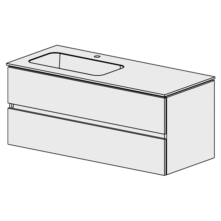 Élément inférieur  Glano Mineral
121 x 50.5 x 51.5 cm
recouvrement Fonte minérale blanc mat
avec lavabo à gauche
élément de tiroir 2&nbsp;tiroirs
tiroirs avec Blumotion
pour siphon à encombrement réduit 
et manchon à emboîter 32 mm