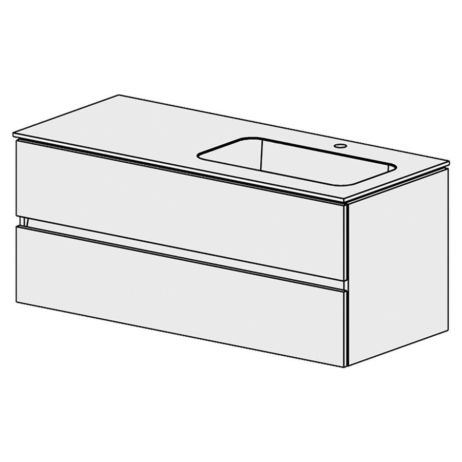 Élément inférieur  Glano Mineral
121 x 50.5 x 51.5 cm
recouvrement Fonte minérale blanc mat
avec lavabo à droite
élément de tiroir 2&nbsp;tiroirs
tiroirs avec Blumotion
pour siphon à encombrement réduit 
et manchon à emboîter 32 mm
