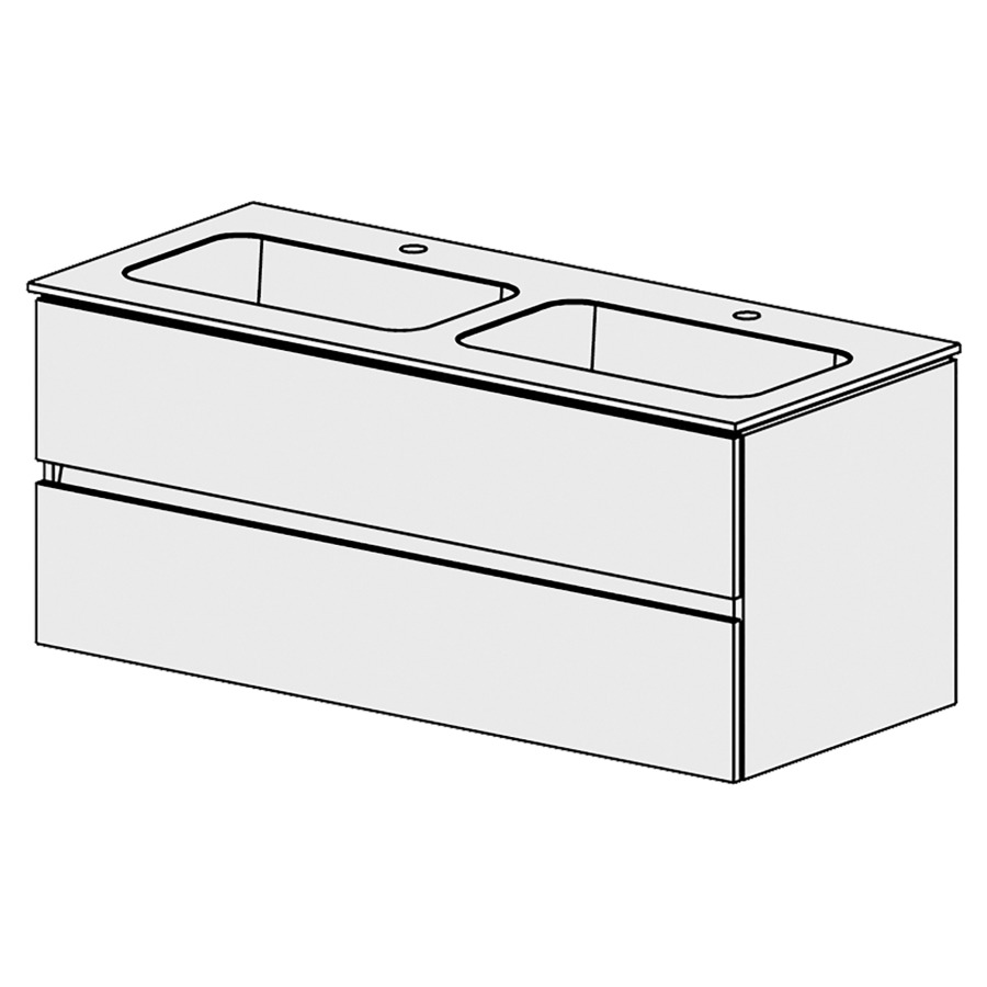 Élément inférieur  Glano Mineral
121 x 50.5 x 51.5 cm
recouvrement Fonte minérale blanc mat
avec 2 lavabos
élément de tiroir 2&nbsp;tiroirs
tiroirs avec Blumotion
pour siphon à encombrement réduit 
et manchon à emboîter 32 mm