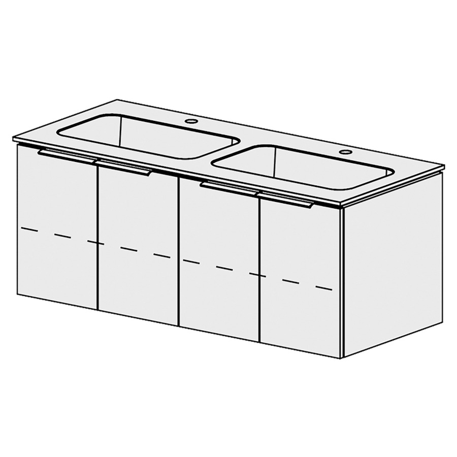 Élément inférieur  Glano Mineral
121 x 57.5 x 51.5 cm
recouvrement Fonte minérale blanc mat
avec 2 lavabos
2&nbsp;armoires de tablette 2&nbsp;portes chacune
1&nbsp;tablette chacune réglable
tiroirs avec Blumotion
pour siphon à encombrement réduit 
et manchon à emboîter 32 mm