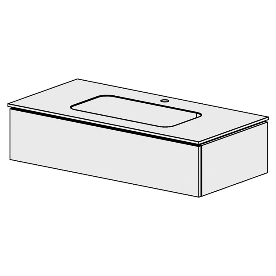 Élément inférieur  Glano Mineral
106 x 24.8 x 51.5 cm
recouvrement Fonte minérale blanc mat
avec lavabo au milieu
élément de tiroir 1&nbsp;tiroir
tiroir avec Blumotion
pour siphon à encombrement réduit 
et manchon à emboîter 32 mm