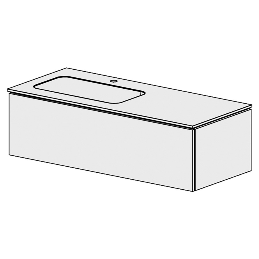 Élément inférieur  Glano Mineral
121 x 34.8 x 51.5 cm
recouvrement Fonte minérale blanc mat
avec lavabo à gauche
élément de tiroir 1&nbsp;tiroir
tiroir avec Blumotion
pour siphon à encombrement réduit 
et manchon à emboîter 32 mm