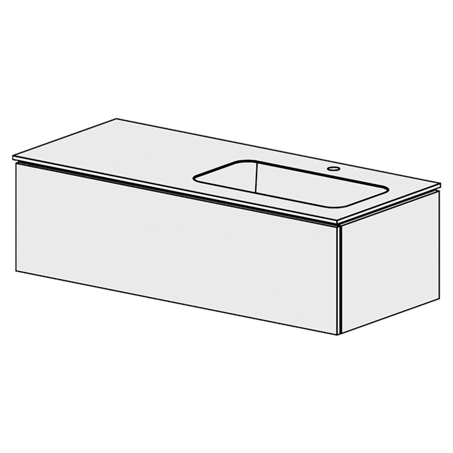 Élément inférieur  Glano Mineral
121 x 34.8 x 51.5 cm
recouvrement Fonte minérale blanc mat
avec lavabo à droite
élément de tiroir 1&nbsp;tiroir
tiroir avec Blumotion
pour siphon à encombrement réduit 
et manchon à emboîter 32 mm