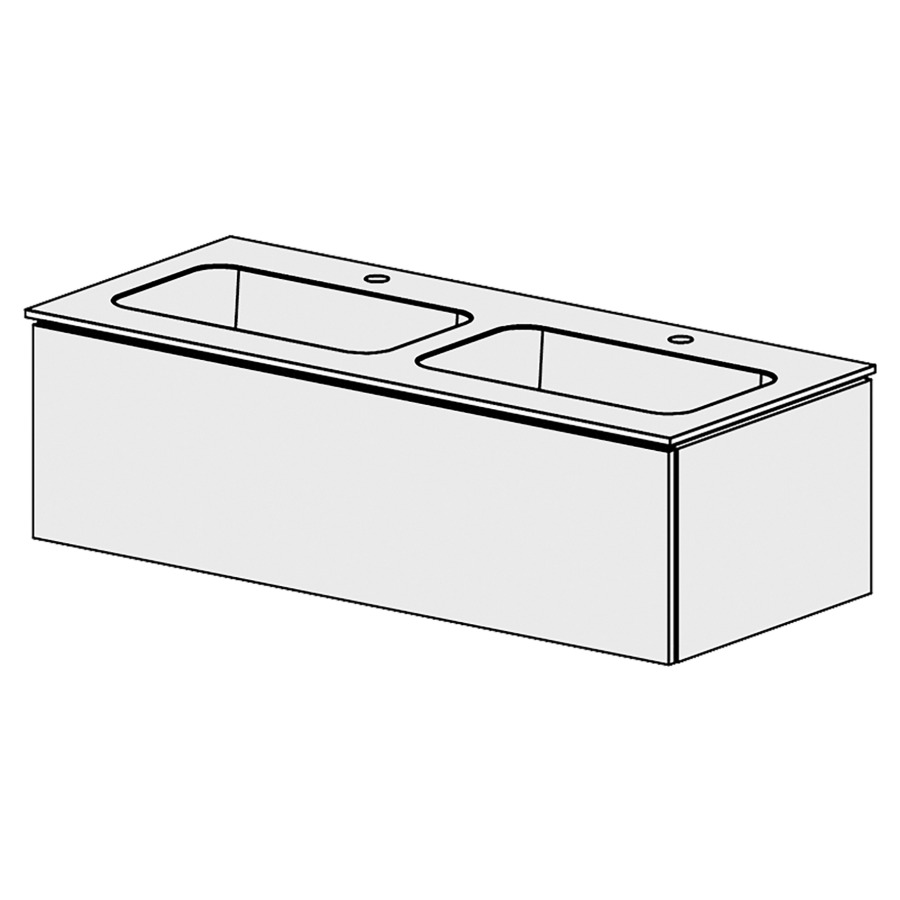 Élément inférieur  Glano Mineral
121 x 34.8 x 51.5 cm
recouvrement Fonte minérale blanc mat
avec 2 lavabos
élément de tiroir 1&nbsp;tiroir
tiroir avec Blumotion
pour siphon à encombrement réduit 
et manchon à emboîter 32 mm