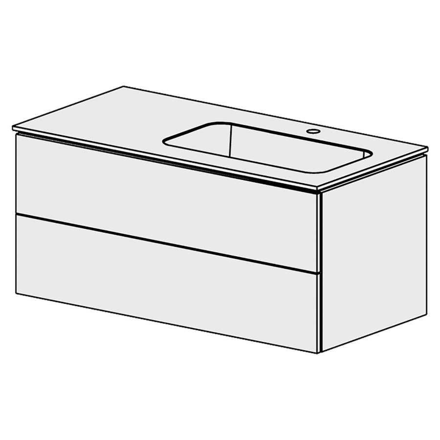 Élément inférieur  Glano Mineral
106 x 47.5 x 51.5 cm
recouvrement Fonte minérale blanc mat
avec lavabo à droite
élément de tiroir 2&nbsp;tiroirs
tiroirs avec Blumotion
pour siphon à encombrement réduit 
et manchon à emboîter 32 mm