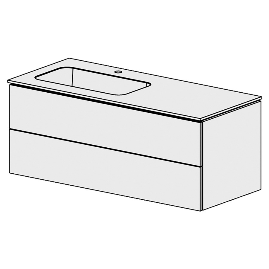Élément inférieur  Glano Mineral
121 x 47.5 x 51.5 cm
recouvrement Fonte minérale blanc mat
avec lavabo à gauche
élément de tiroir 2&nbsp;tiroirs
tiroirs avec Blumotion
pour siphon à encombrement réduit 
et manchon à emboîter 32 mm