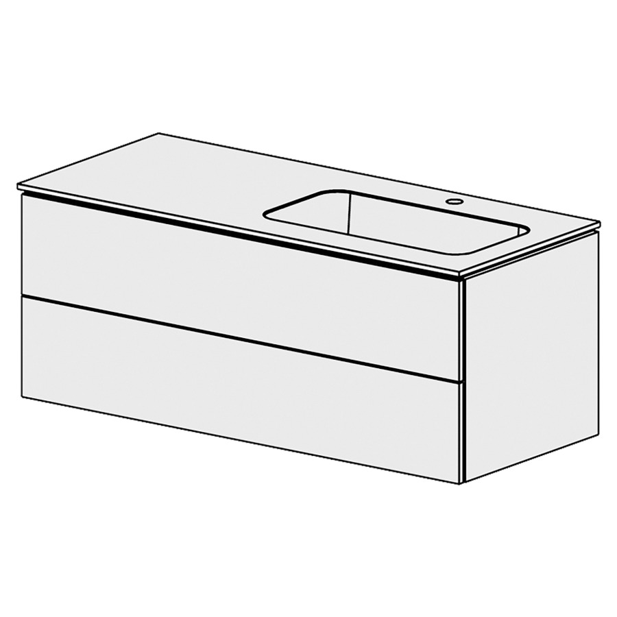 Élément inférieur  Glano Mineral
121 x 47.5 x 51.5 cm
recouvrement Fonte minérale blanc mat
avec lavabo à droite
élément de tiroir 2&nbsp;tiroirs
tiroirs avec Blumotion
pour siphon à encombrement réduit 
et manchon à emboîter 32 mm
