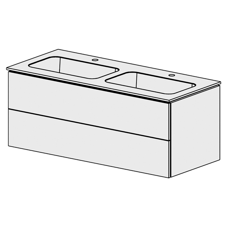 Élément inférieur  Glano Mineral
121 x 47.5 x 51.5 cm
recouvrement Fonte minérale blanc mat
avec 2 lavabos
élément de tiroir 2&nbsp;tiroirs
tiroirs avec Blumotion
pour siphon à encombrement réduit 
et manchon à emboîter 32 mm