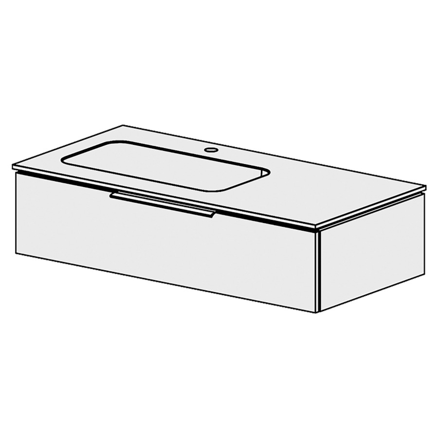 Élément inférieur  Glano Mineral
106 x 24.8 x 51.5 cm
recouvrement Céramique blanc
avec lavabo à gauche
élément de tiroir 1&nbsp;tiroir
tiroir avec Blumotion
pour siphon à encombrement réduit 
et manchon à emboîter 32 mm