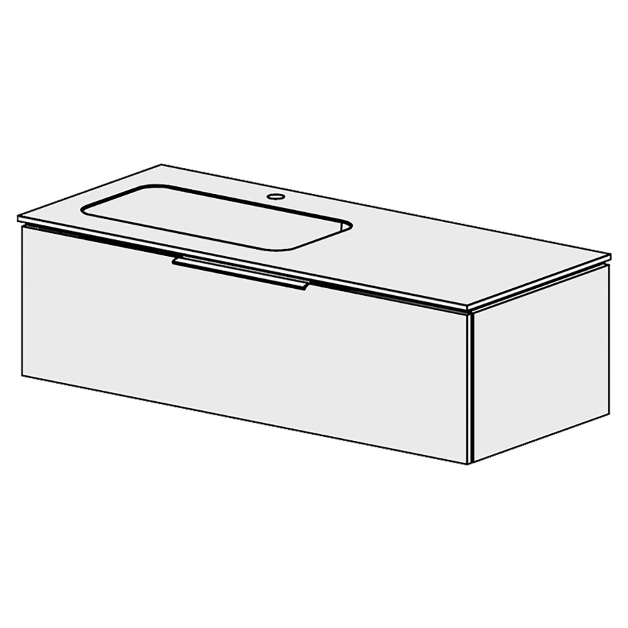 Élément inférieur  Glano Mineral
121 x 34.8 x 51.5 cm
recouvrement Fonte minérale blanc mat
avec lavabo à gauche
élément de tiroir 1&nbsp;tiroir
tiroir avec Blumotion
pour siphon à encombrement réduit 
et manchon à emboîter 32 mm