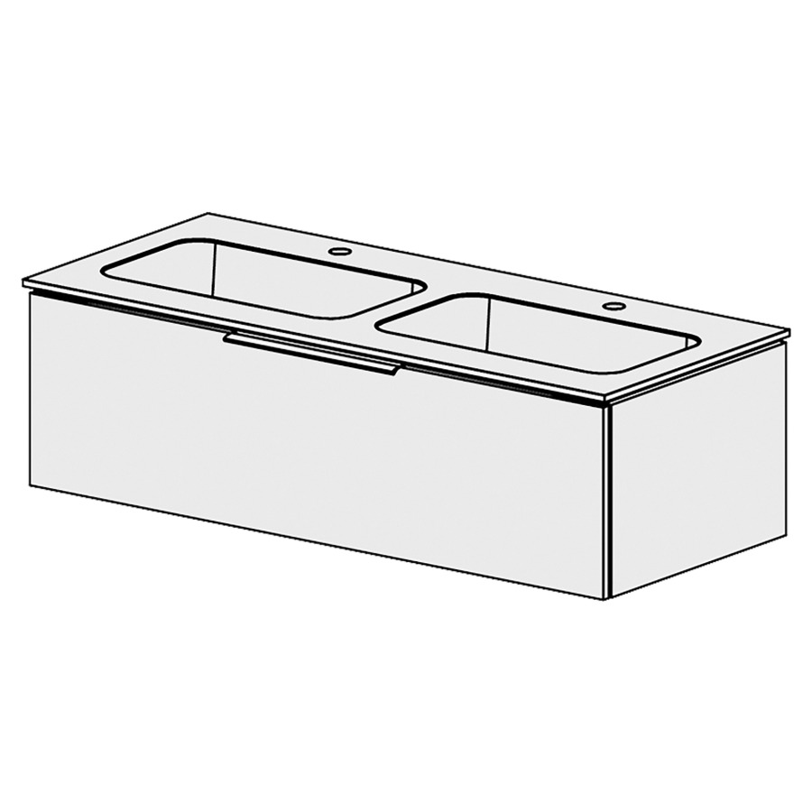 Élément inférieur  Glano Mineral
121 x 34.8 x 51.5 cm
recouvrement Fonte minérale blanc mat
avec 2 lavabos
élément de tiroir 1&nbsp;tiroir
tiroir avec Blumotion
pour siphon à encombrement réduit 
et manchon à emboîter 32 mm