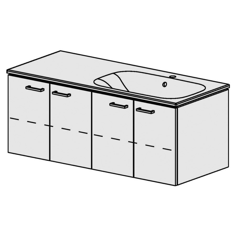 Élément inférieur  Glano Ceram Move II
121 x 49 x 51 cm
2&nbsp;armoires de tablette 2&nbsp;portes chacune
portes avec Blumotion
1&nbsp;tablette chacune réglable
avec table en Céramique blanc
lavabo à droite
avec trop-plein
