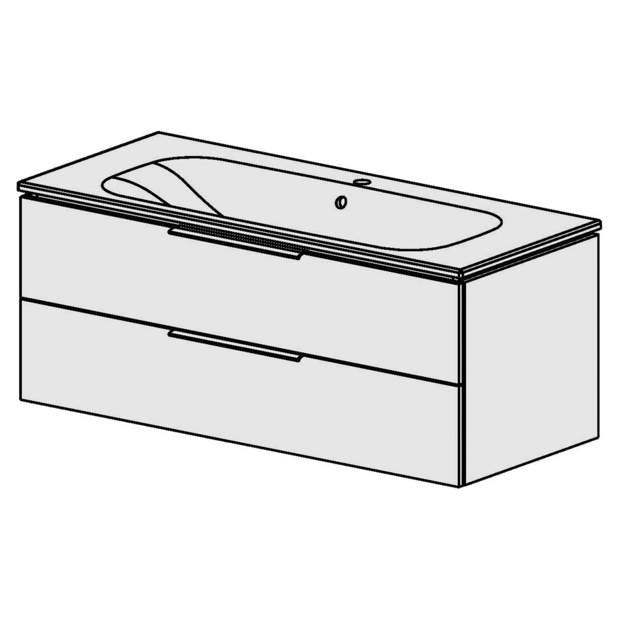Élément inférieur  Glano Ceram Move II
121 x 49 x 51 cm
élément de tiroir 2&nbsp;tiroirs
tiroirs avec Blumotion
avec lavabo en Céramique blanc
lavabo au milieu avec trop-plein
pour siphon à encombrement réduit 
et manchon à emboîter 32 mm