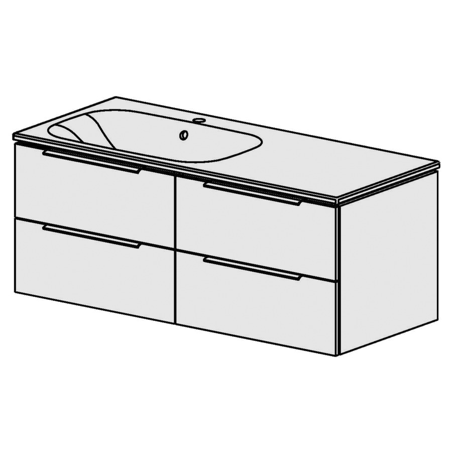 Élément inférieur  Glano Ceram Move II
121 x 49 x 51 cm
2&nbsp;éléments de tiroir 2&nbsp;tiroirs chacune
tiroirs avec Blumotion
avec lavabo en Céramique blanc
lavabo à gauche avec trop-plein
pour siphon à encombrement réduit 
et manchon à emboîter 32 mm