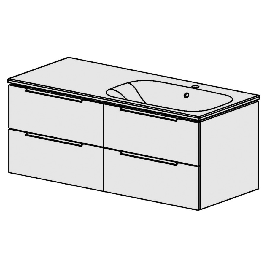 Élément inférieur  Glano Ceram Move II
121 x 49 x 51 cm
2&nbsp;éléments de tiroir 2&nbsp;tiroirs chacune
tiroirs avec Blumotion
avec lavabo en Céramique blanc
lavabo à droite avec trop-plein
pour siphon à encombrement réduit 
et manchon à emboîter 32 mm