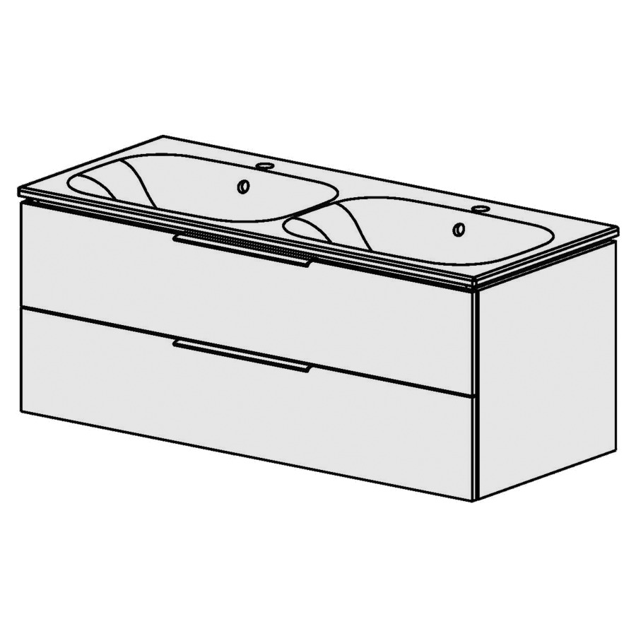 Élément inférieur  Glano Ceram Move II
121 x 49 x 51 cm
élément de tiroir 2&nbsp;tiroirs
tiroirs avec Blumotion
avec lavabo en Céramique blanc
2 lavabos avec trop-plein
pour siphon à encombrement réduit 
et manchon à emboîter 32 mm