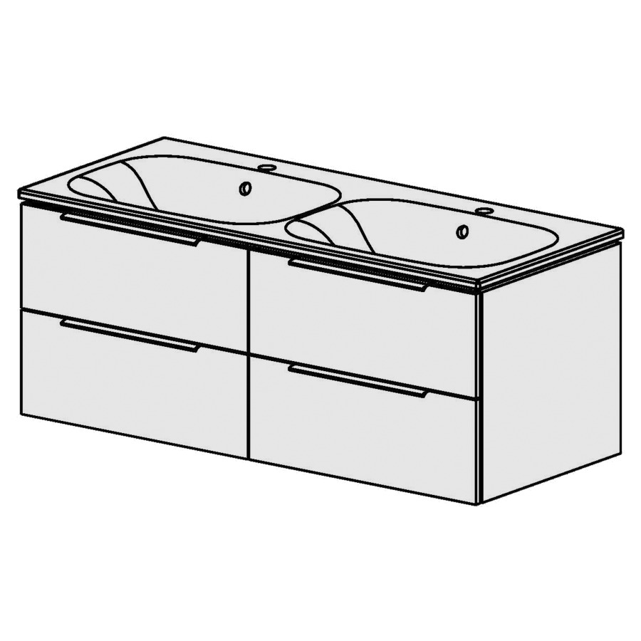 Élément inférieur  Glano Ceram Move II
121 x 49 x 51 cm
2&nbsp;éléments de tiroir 2&nbsp;tiroirs chacune
tiroirs avec Blumotion
avec lavabo en Céramique blanc
2 lavabos avec trop-plein
pour siphon à encombrement réduit 
et manchon à emboîter 32 mm