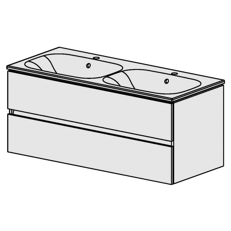 Élément inférieur  Glano Ceram Move II
121 x 52 x 51 cm
élément de tiroir 2&nbsp;tiroirs
tiroirs avec Blumotion
avec lavabo en Céramique blanc
2 lavabos avec trop-plein
pour siphon à encombrement réduit 
et manchon à emboîter 32 mm