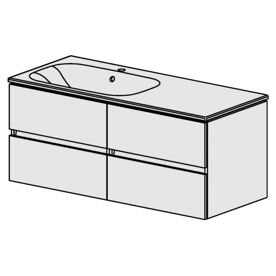 Élément inférieur  Glano Ceram Move II
121 x 52 x 51 cm
2&nbsp;éléments de tiroir 2&nbsp;tiroirs chacune
tiroirs avec Blumotion
avec lavabo en Céramique blanc
lavabo à gauche avec trop-plein
pour siphon à encombrement réduit 
et manchon à emboîter 32 mm