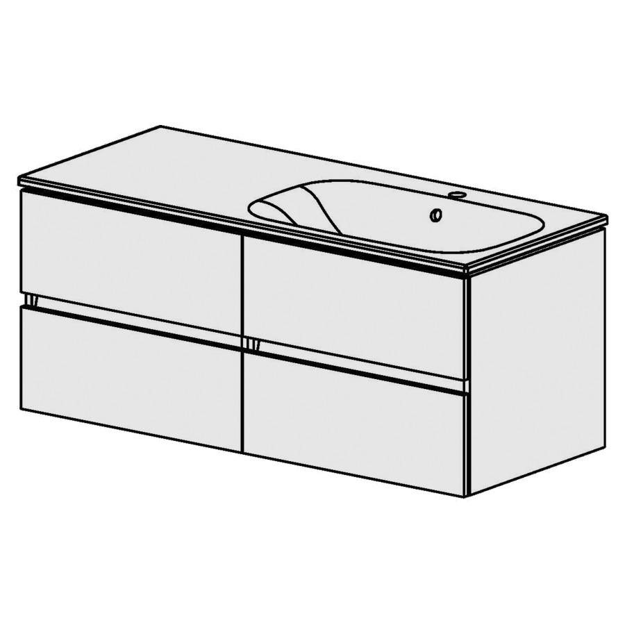 Élément inférieur  Glano Ceram Move II
121 x 52 x 51 cm
2&nbsp;éléments de tiroir 2&nbsp;tiroirs chacune
tiroirs avec Blumotion
avec lavabo en Céramique blanc
lavabo à droite avec trop-plein
pour siphon à encombrement réduit 
et manchon à emboîter 32 mm