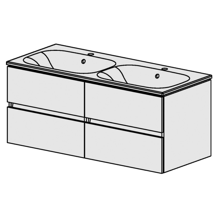 Élément inférieur  Glano Ceram Move II
121 x 52 x 51 cm
2&nbsp;éléments de tiroir 2&nbsp;tiroirs chacune
tiroirs avec Blumotion
avec lavabo en Céramique blanc
2 lavabos avec trop-plein
pour siphon à encombrement réduit 
et manchon à emboîter 32 mm