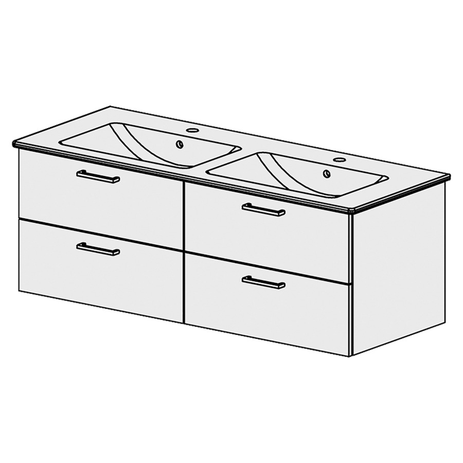 Élément inférieur  Venticello Comfort
126 x 46 x 48.8 cm
élément de tiroir 2&nbsp;tiroirs chacune
tiroirs avec Blumotion
pour 2&nbsp;lavabos
pour siphon à encombrement réduit 
et manchon à emboîter 32 mm