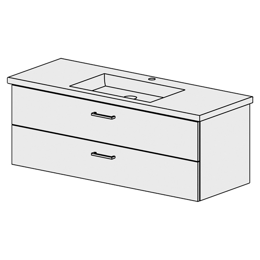 Élément inférieur  Living Square Comfort
126 x 46 x 46.8 cm
élément de tiroir 2&nbsp;tiroirs
tiroirs avec Blumotion
pour siphon à encombrement réduit 
et manchon à emboîter 32 mm