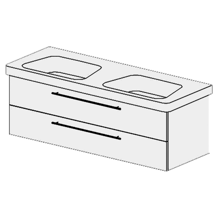 Élément inférieur  Moderna Plus Comfort
125 x 46 x 45.8 cm
élément de tiroir 2&nbsp;tiroirs
tiroirs avec Blumotion
pour 2&nbsp;lavabos
pour siphon à encombrement réduit 
et manchon à emboîter 32 mm