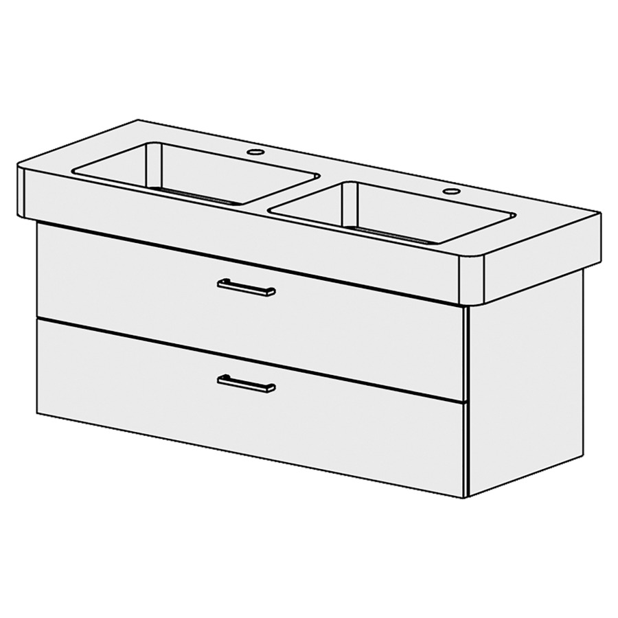 Élément inférieur  Pro Comfort
120 x 46 x 44.8 cm
élément de tiroir 2&nbsp;tiroirs
tiroirs avec Blumotion
pour 2&nbsp;lavabos
pour siphon à encombrement réduit 
et manchon à emboîter 32 mm