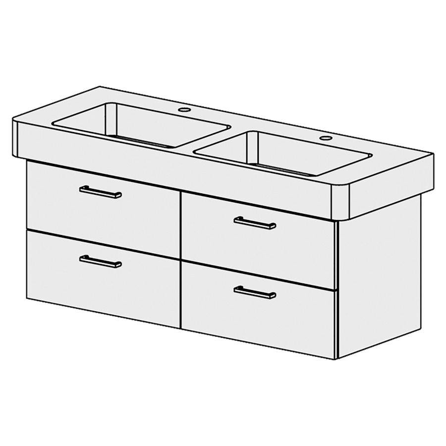 Élément inférieur  Pro Comfort
120 x 46 x 44.8 cm
2&nbsp;éléments de tiroir 2&nbsp;tiroirs chacune
tiroirs avec Blumotion
pour 2&nbsp;lavabos
pour siphon à encombrement réduit 
et manchon à emboîter 32 mm